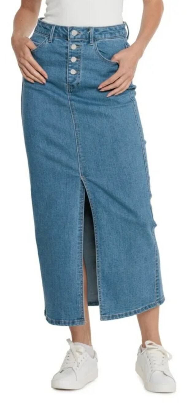 OAT New York Denim Maxi Skirt Blue Stretch Jean Skirt Size 12/31 Y2k